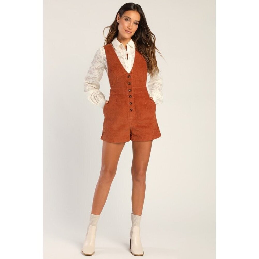 Lulus Adorable Autumn Rust Orange Corduroy Romper - Size S